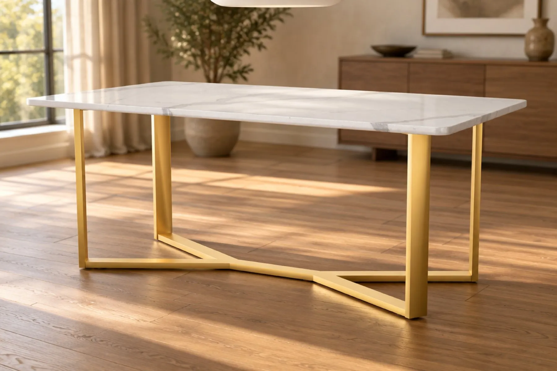 Dining table with a quartz top and a brass-finish welded base, rendered from the 3D model in a room setting