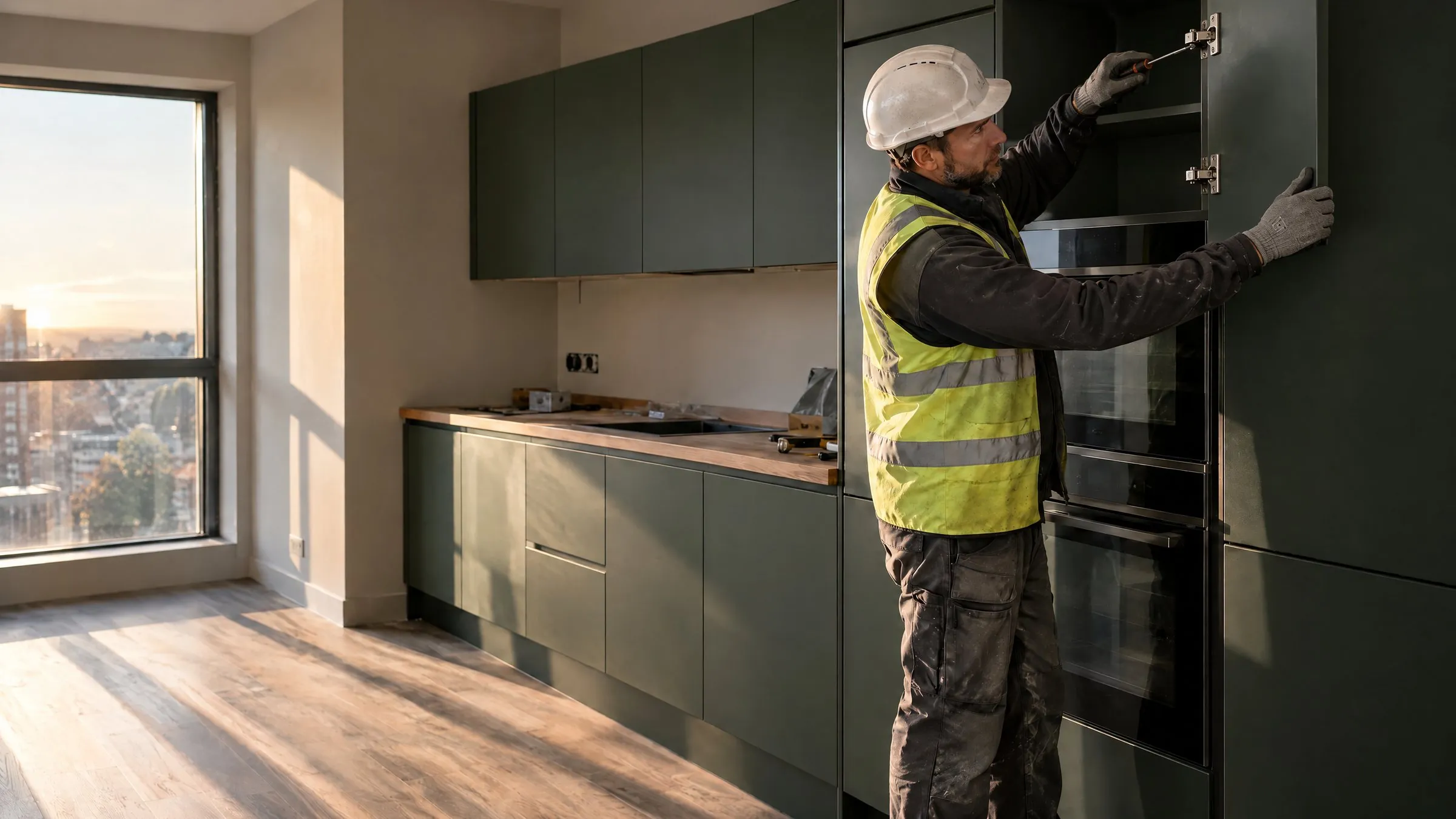 Fitter in a hard hat, hi-vis and gloves adjusting the concealed hinge of a tall oven housing door with a screwdriver in a new dark green kitchen, late sun through the window