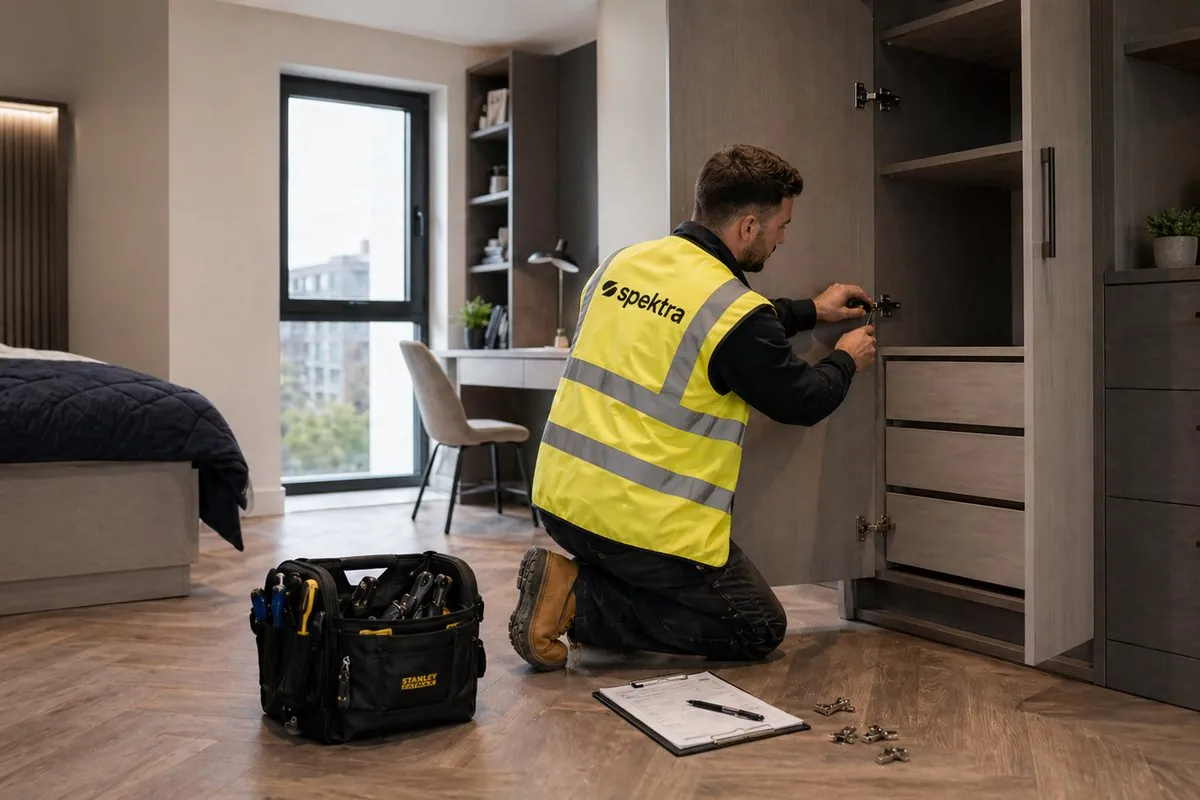 Spektra fitter in branded hi-vis carrying out a remedial visit on fitted bedroom furniture