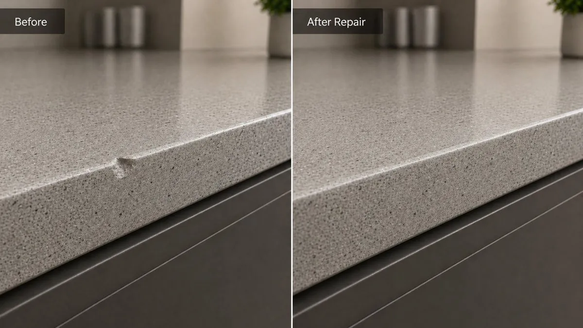 Before and after: a chipped worktop edge, then the same edge repaired