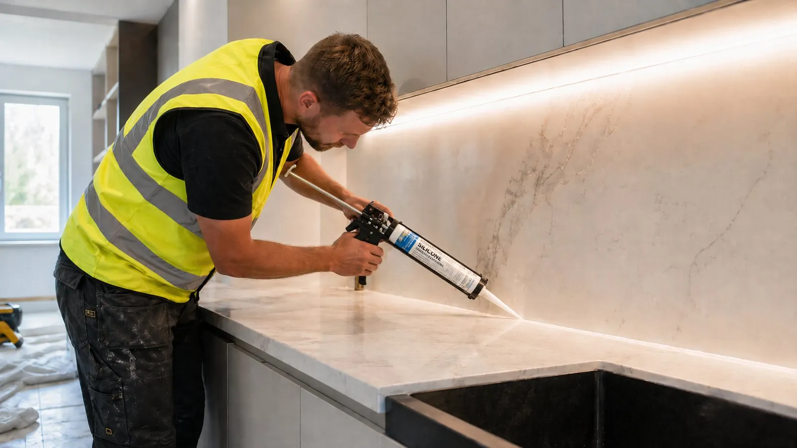Spektra mastic specialist running a clean white silicone bead along a marble worktop with a caulking gun