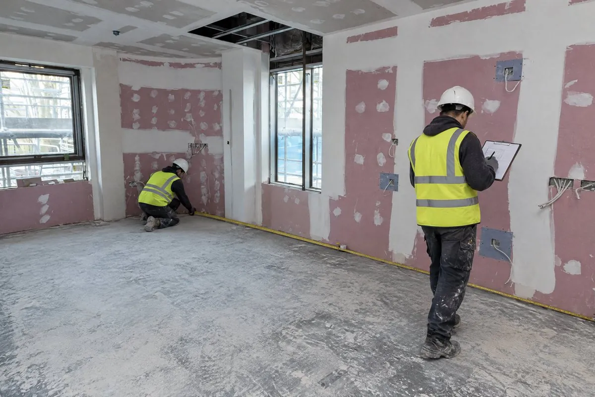 Two fitters in hard hats measuring a bare wall with a long tape, one recording the figures on a drawing